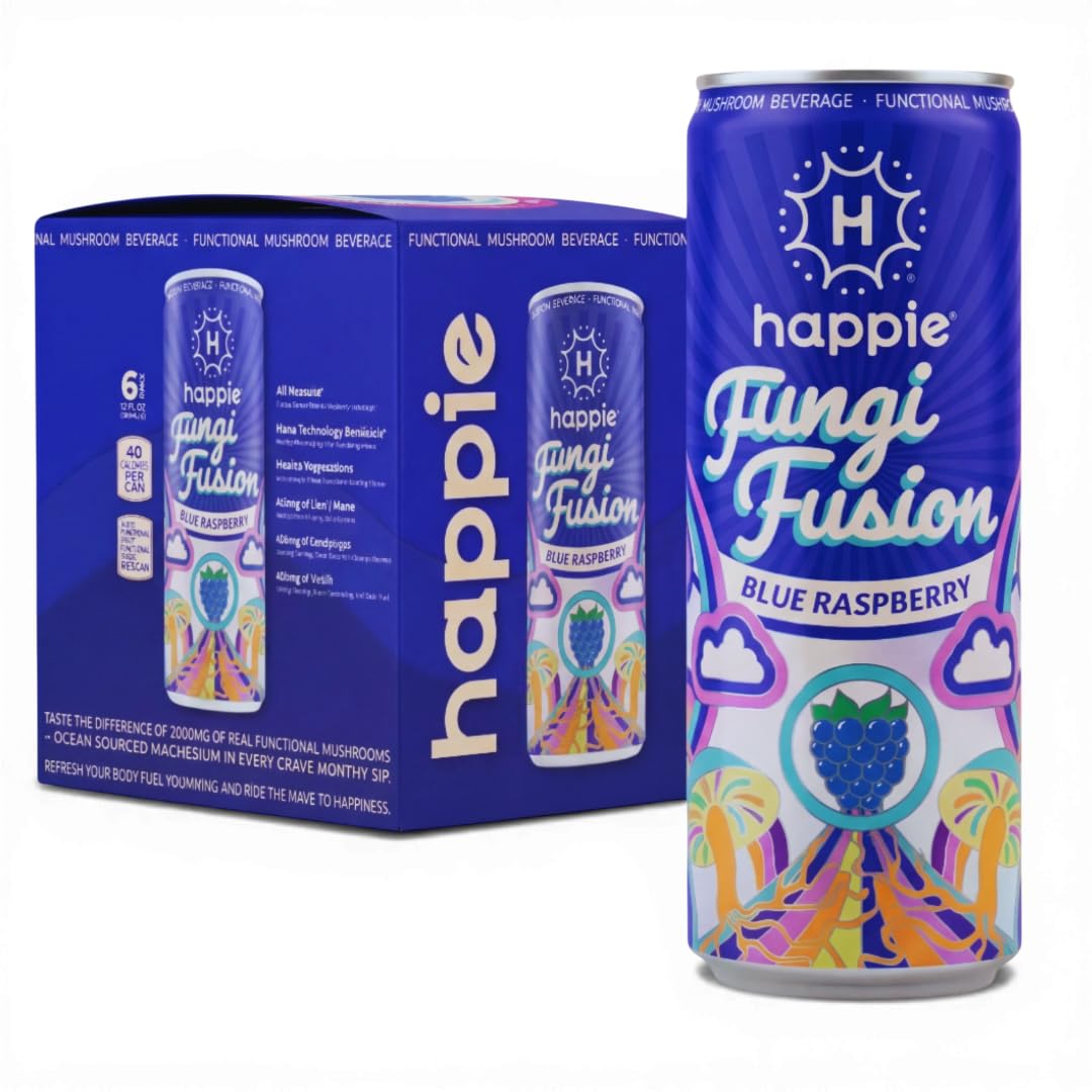 Happie Fungi Fusion Blue Raspberry – Sparkling Mushroom Drink (900mg Lion's Mane, 700mg Cordyceps, 400mg Reishi) Caffeine-Free
