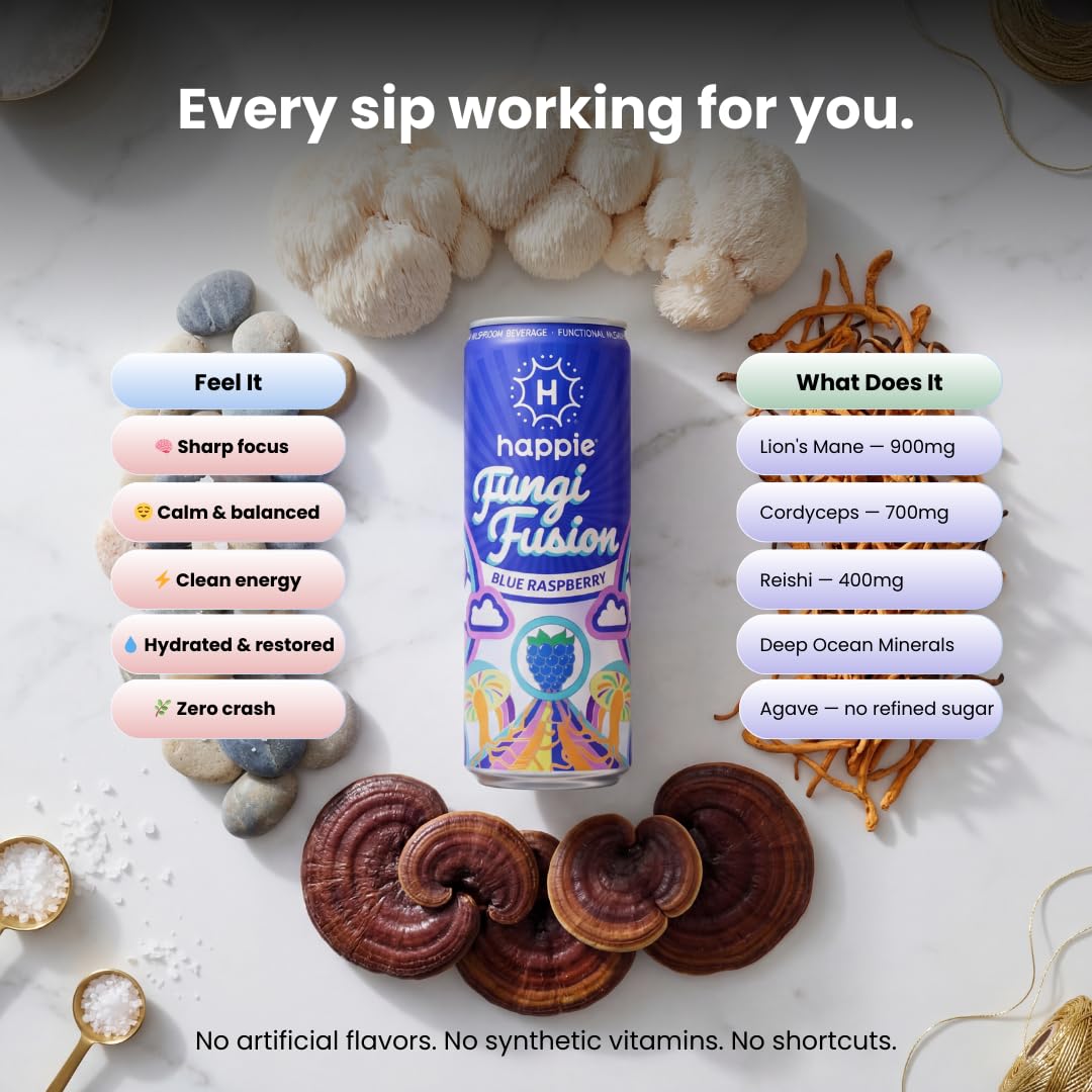 Happie Fungi Fusion Blue Raspberry – Sparkling Mushroom Drink (900mg Lion's Mane, 700mg Cordyceps, 400mg Reishi) Caffeine-Free