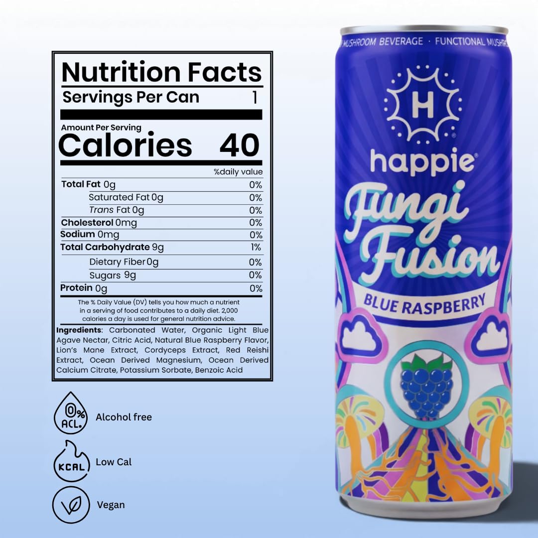 Happie Fungi Fusion Blue Raspberry – Sparkling Mushroom Drink (900mg Lion's Mane, 700mg Cordyceps, 400mg Reishi) Caffeine-Free