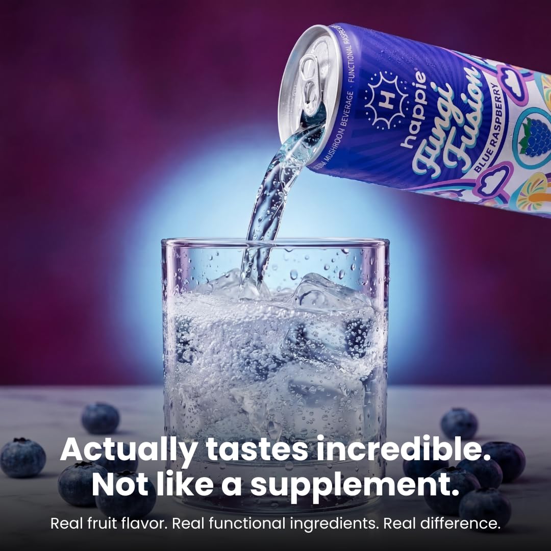 Happie Fungi Fusion Blue Raspberry – Sparkling Mushroom Drink (900mg Lion's Mane, 700mg Cordyceps, 400mg Reishi) Caffeine-Free