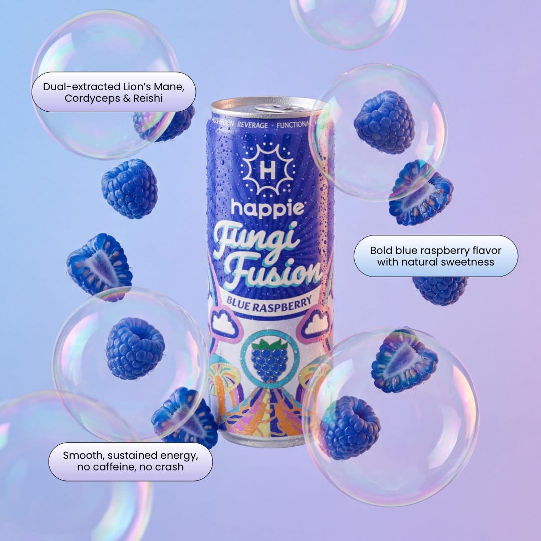 Happie Fungi Fusion Blue Raspberry – Sparkling Mushroom Drink (900mg Lion's Mane, 700mg Cordyceps, 400mg Reishi) Caffeine-Free
