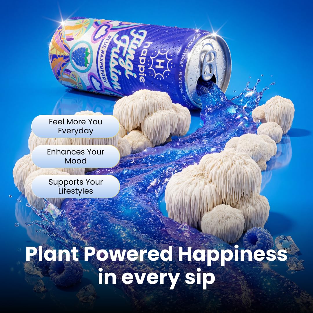 Happie Fungi Fusion Blue Raspberry – Sparkling Mushroom Drink (900mg Lion's Mane, 700mg Cordyceps, 400mg Reishi) Caffeine-Free