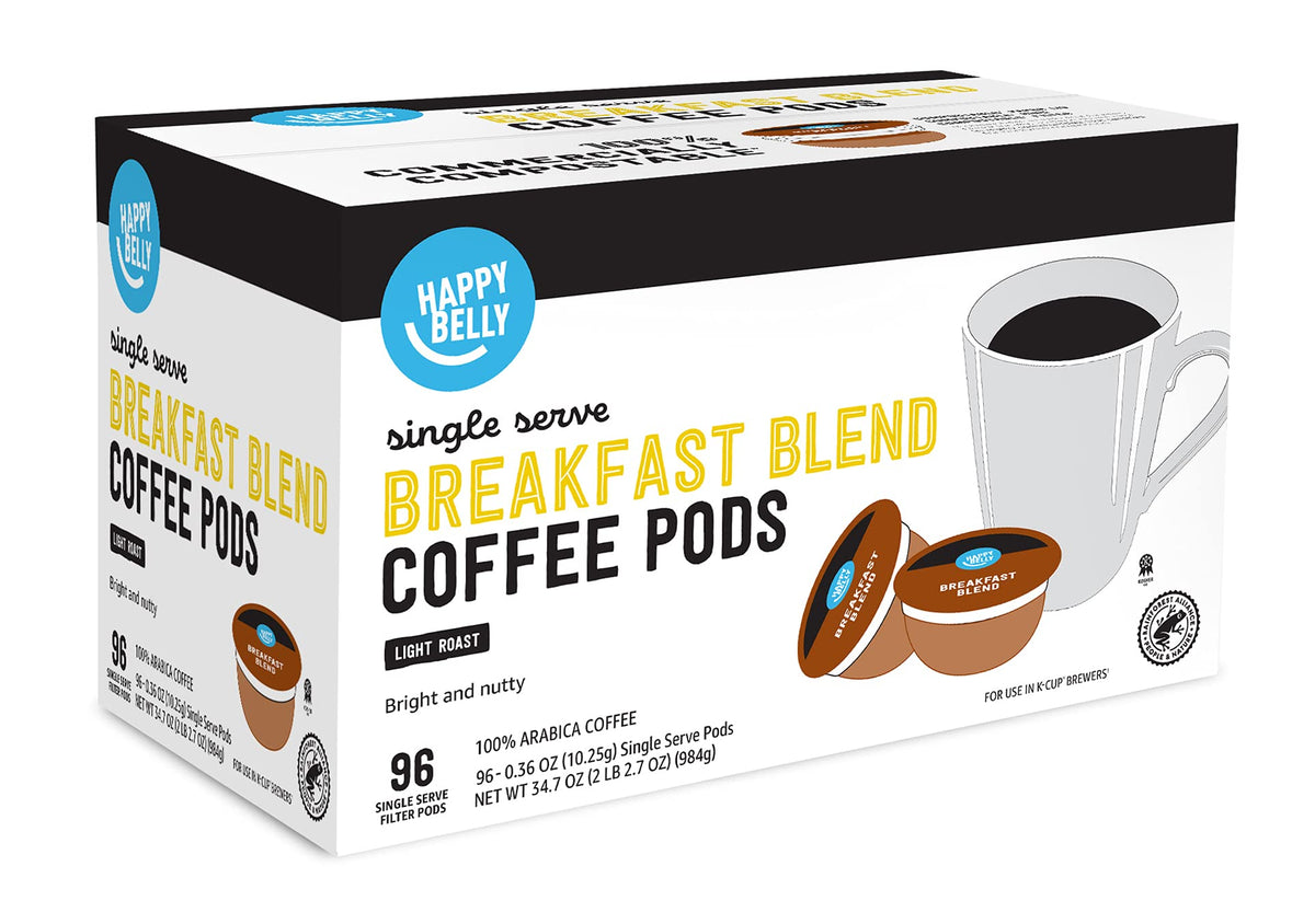 Happy Belly Breakfast Blend Compostable Pods – Light Roast, 96 Count, K-Cup Compatible | Rainforest Alliance Certified