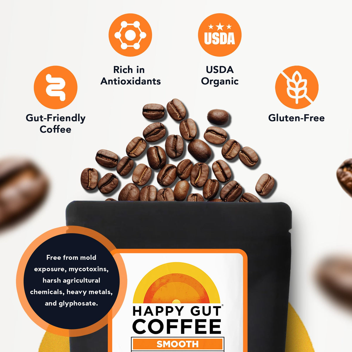 Happy Gut Coffee – Doctor-Formulated Organic Medium-Dark Roast, Gentle on Stomach, Gluten-Free, 12oz Ground