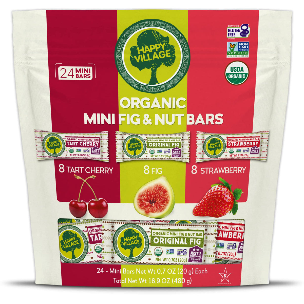 Happy Village Organic Mini Fig & Nut Bars – Variety Pack (24 x 0.7 oz), No Refined Sugar, Vegan, Gluten Free