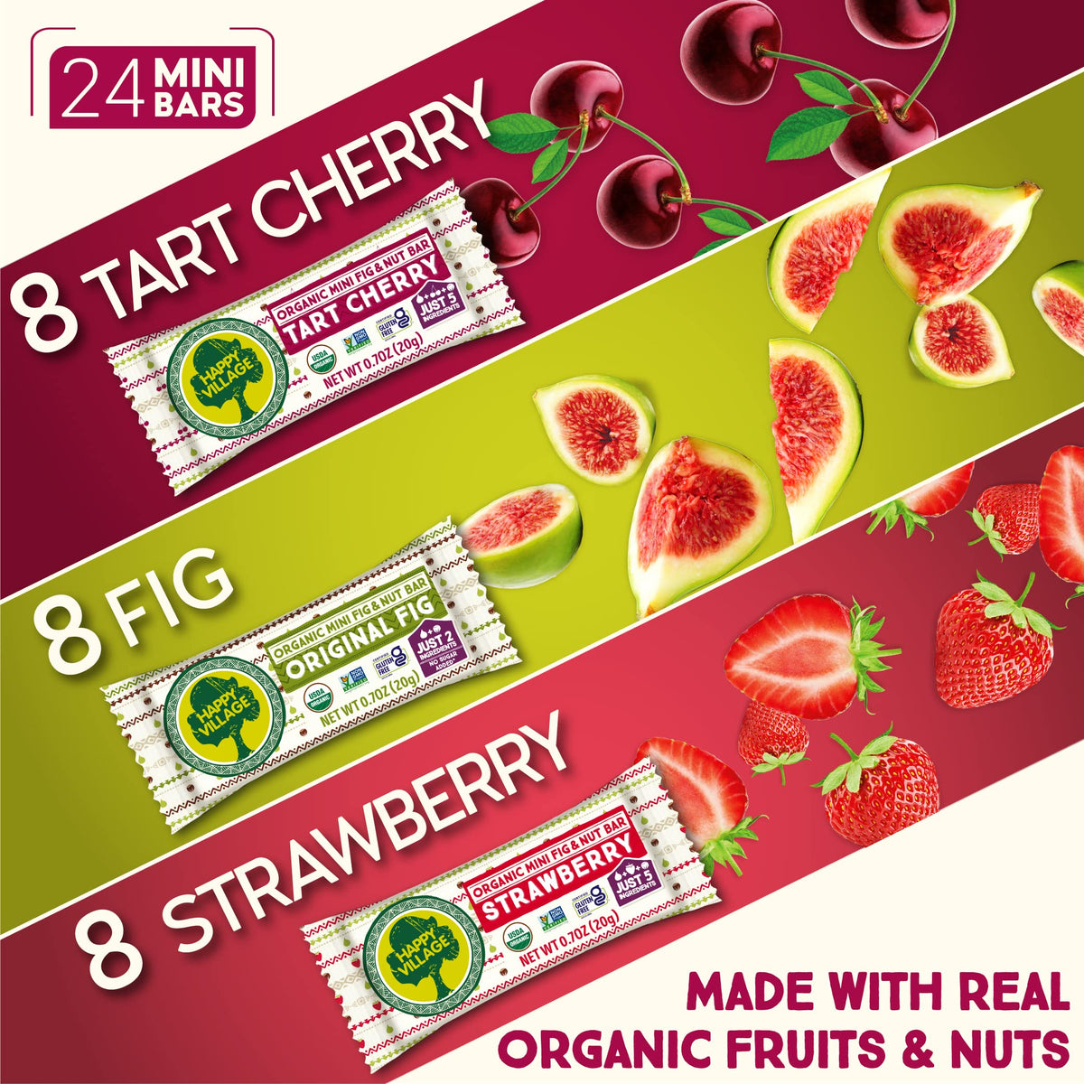 Happy Village Organic Mini Fig & Nut Bars – Variety Pack (24 x 0.7 oz), No Refined Sugar, Vegan, Gluten Free