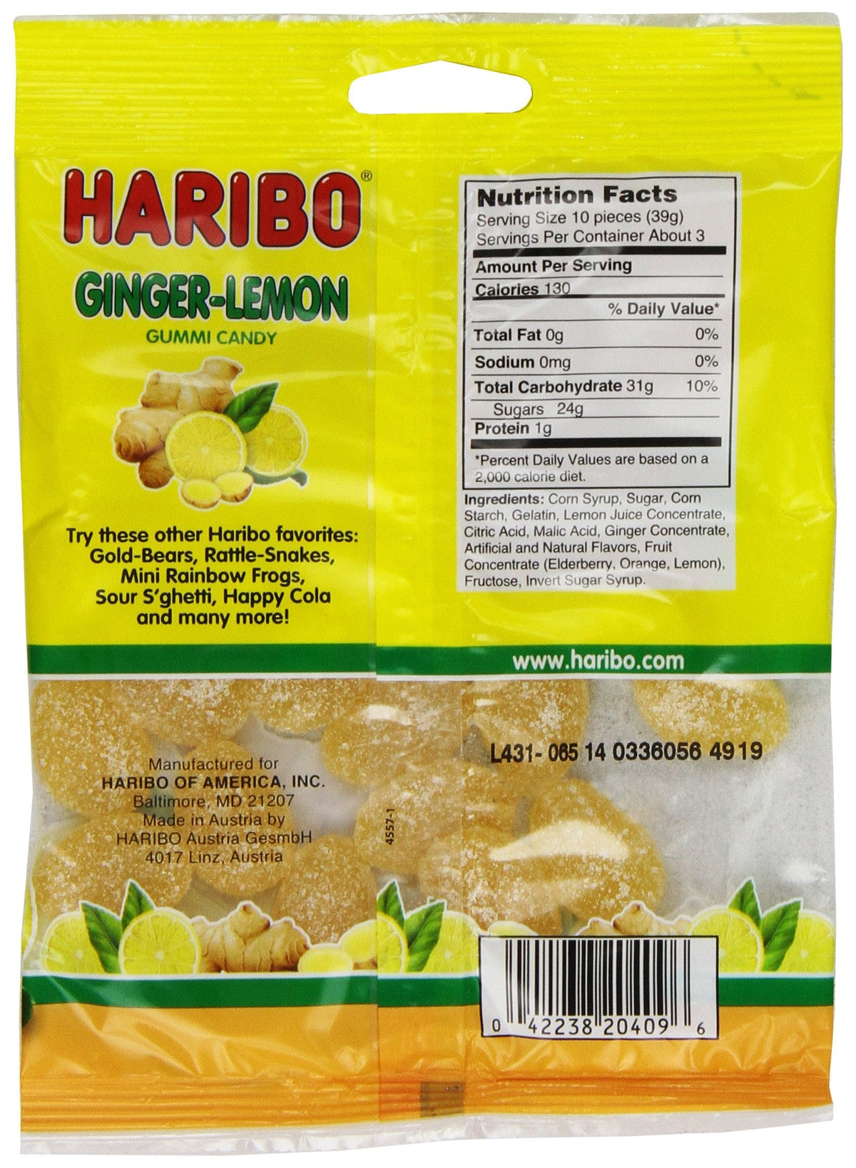 HARIBO Ginger-Lemon Gummy Candy – 4 Ounce Share Size Bags (Pack of 12)