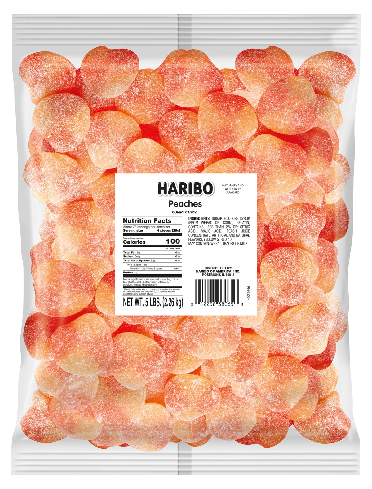 Haribo Peaches Gummi Candy – 5-Pound Bag | Soft Peach-Flavored Gummies