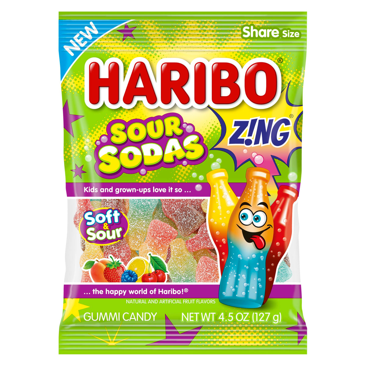 Haribo Sour Sodas Gummy Candy — 4.5 oz (Pack of 12) | Tangy Dual-Flavor Gummi Treats