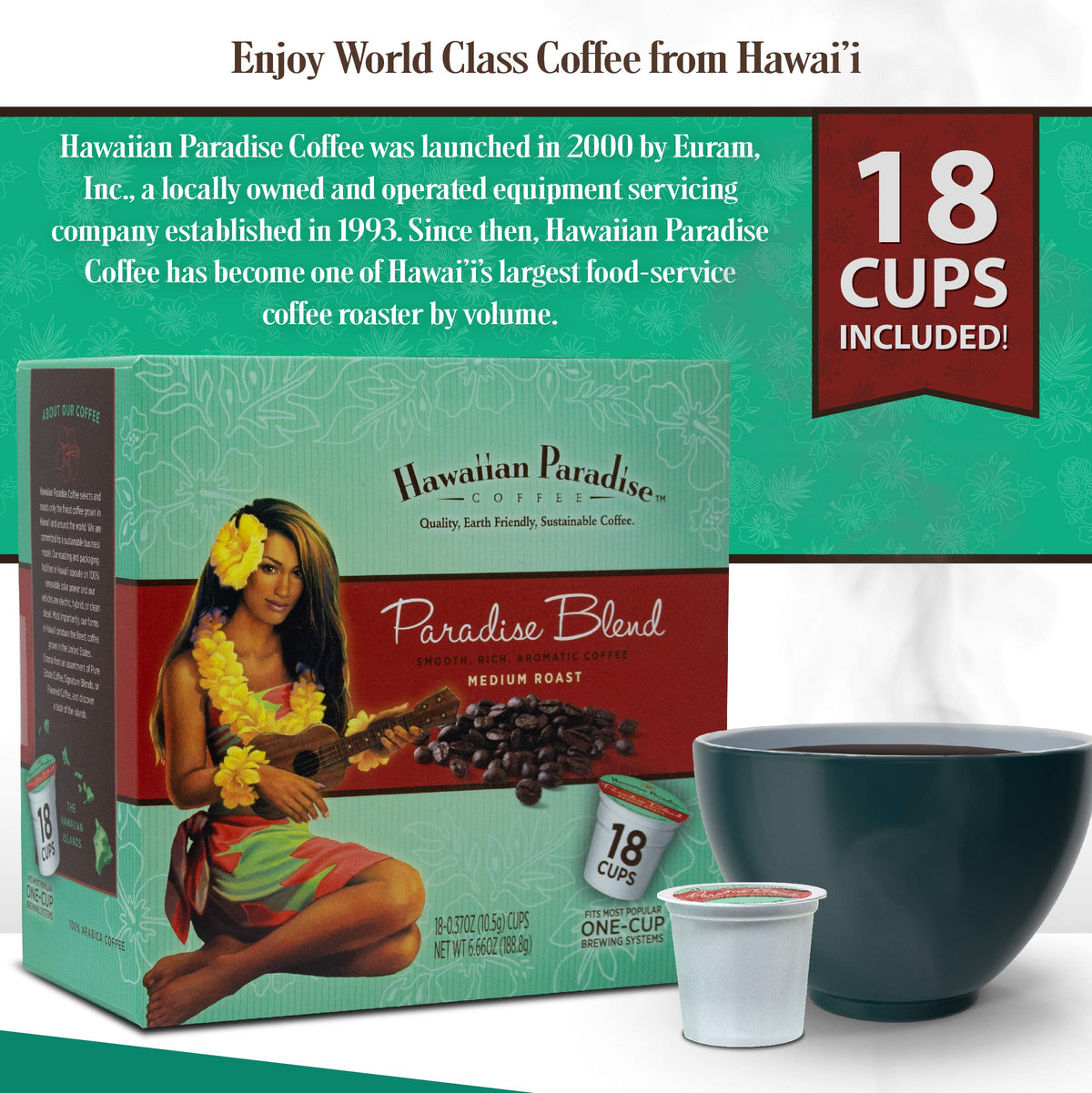 Hawaiian Paradise Coffee Cups Paradise Blend – 18 K-Cup Compatible Medium Roast