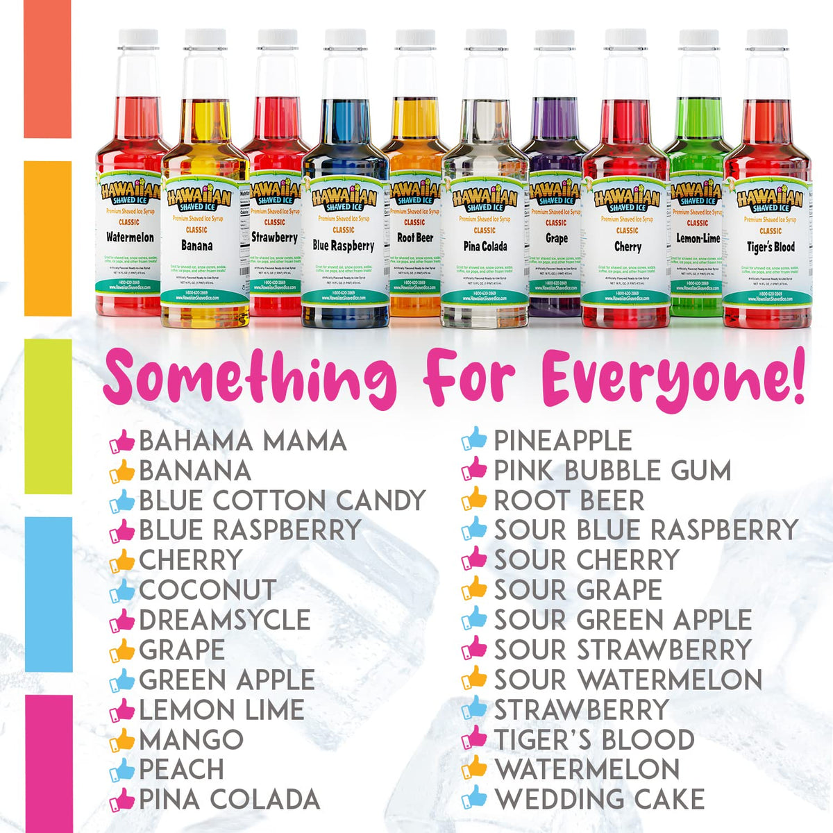 Hawaiian Shaved Ice Syrup Assortment — 3 Flavors, 16oz Bottles, Cups, Straws & Pour Spouts