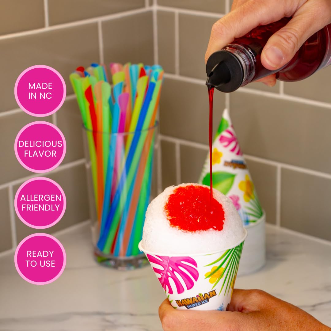 Hawaiian Shaved Ice Syrup Assortment — 3 Flavors, 16oz Bottles, Cups, Straws & Pour Spouts