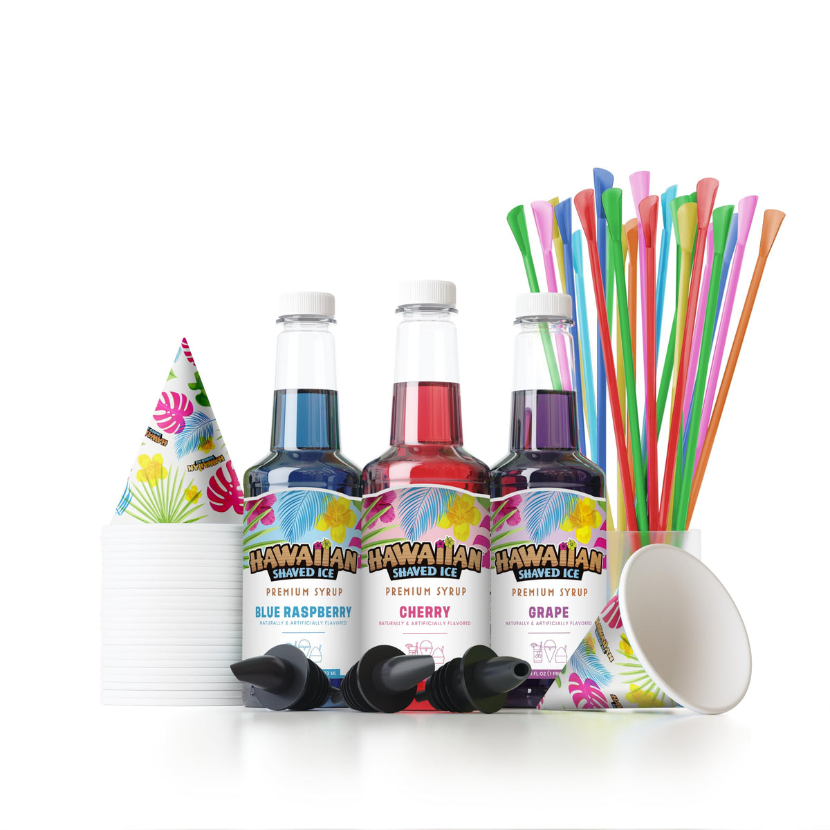 Hawaiian Shaved Ice Syrup Assortment — 3 Flavors, 16oz Bottles, Cups, Straws & Pour Spouts