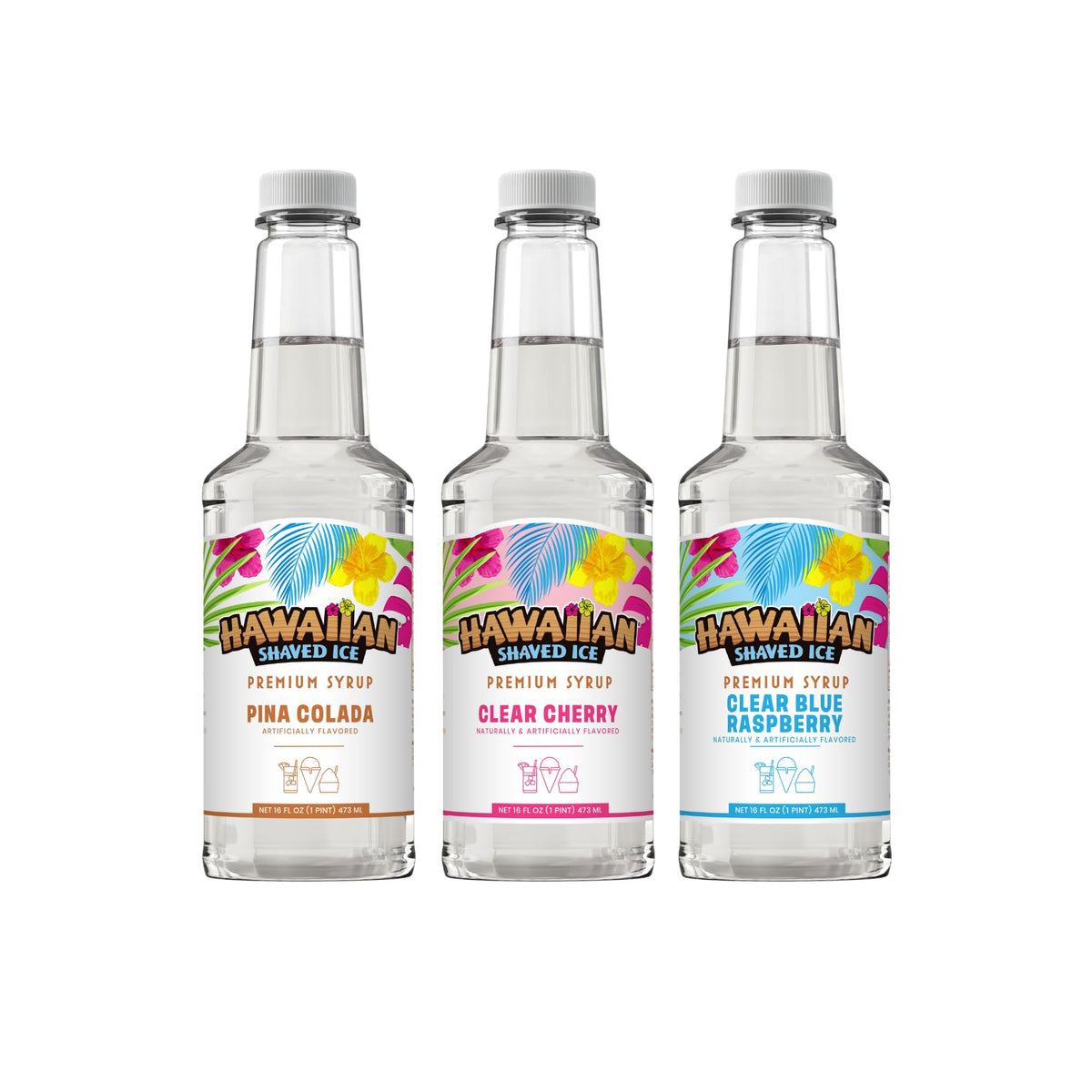 Hawaiian Shaved Ice Syrup Assortment – 3 x 16oz Bottles (Clear Cherry, Pina Colada, Clear Blue Raspberry)