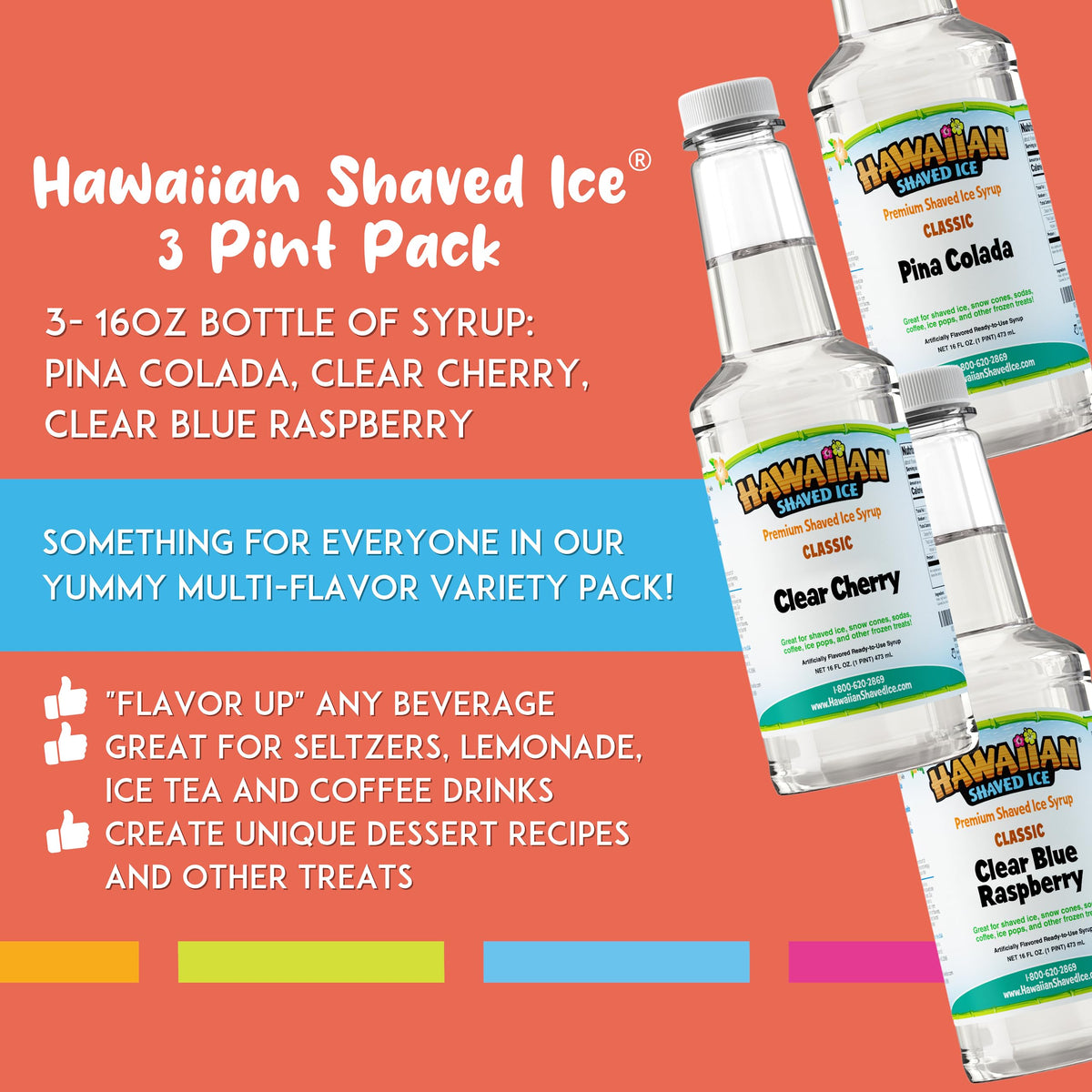 Hawaiian Shaved Ice Syrup Assortment – 3 x 16oz Bottles (Clear Cherry, Pina Colada, Clear Blue Raspberry)