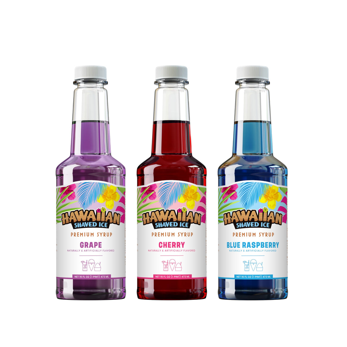 Hawaiian Shaved Ice Syrup Assortment – 3x16oz Bottles (Cherry, Grape, Blue Raspberry) | Allergy-Friendly