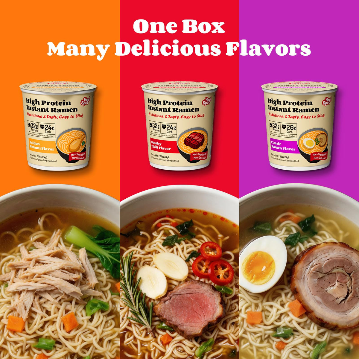 HealSpot High Protein Instant Ramen Variety Pack (6 Cups) – 32g Plant-Based Protein, Non-Fried, Keto & Vegan Friendly (Golden-Chicken, Smoky-Beef, Classic-Pork)