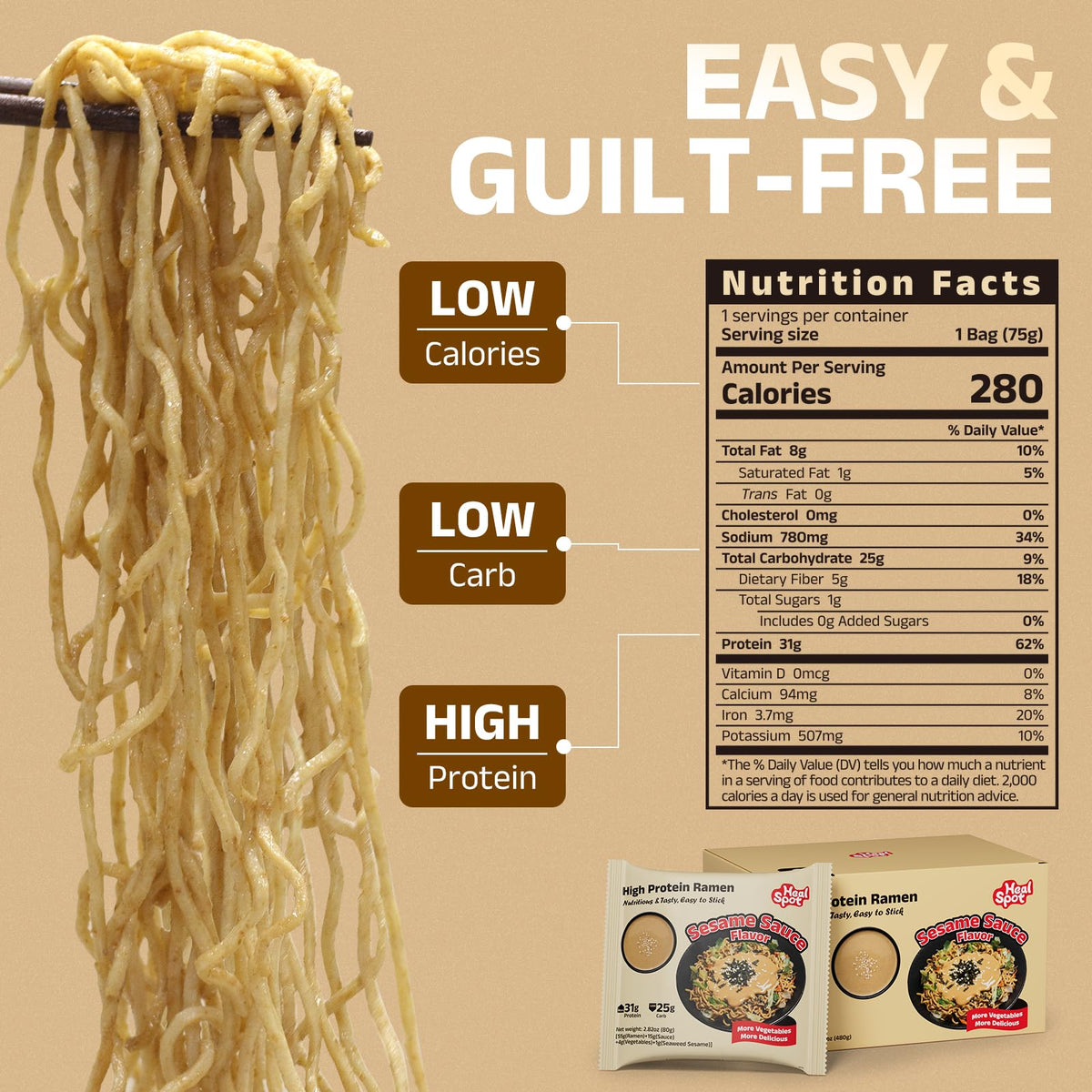 HealSpot High Protein Sesame Ramen – 30g Plant-Based Protein, Low Fat, Keto Friendly