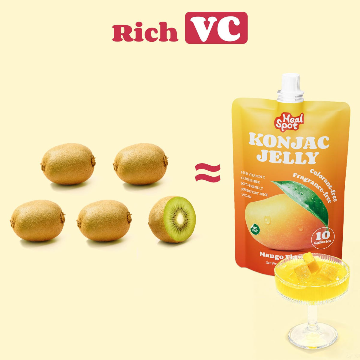Healspot Real Fruit Juice Konjac Jelly with Collagen Peptides & Vitamin C – Mango, 10 Pouches | Gluten Free, Keto Friendly