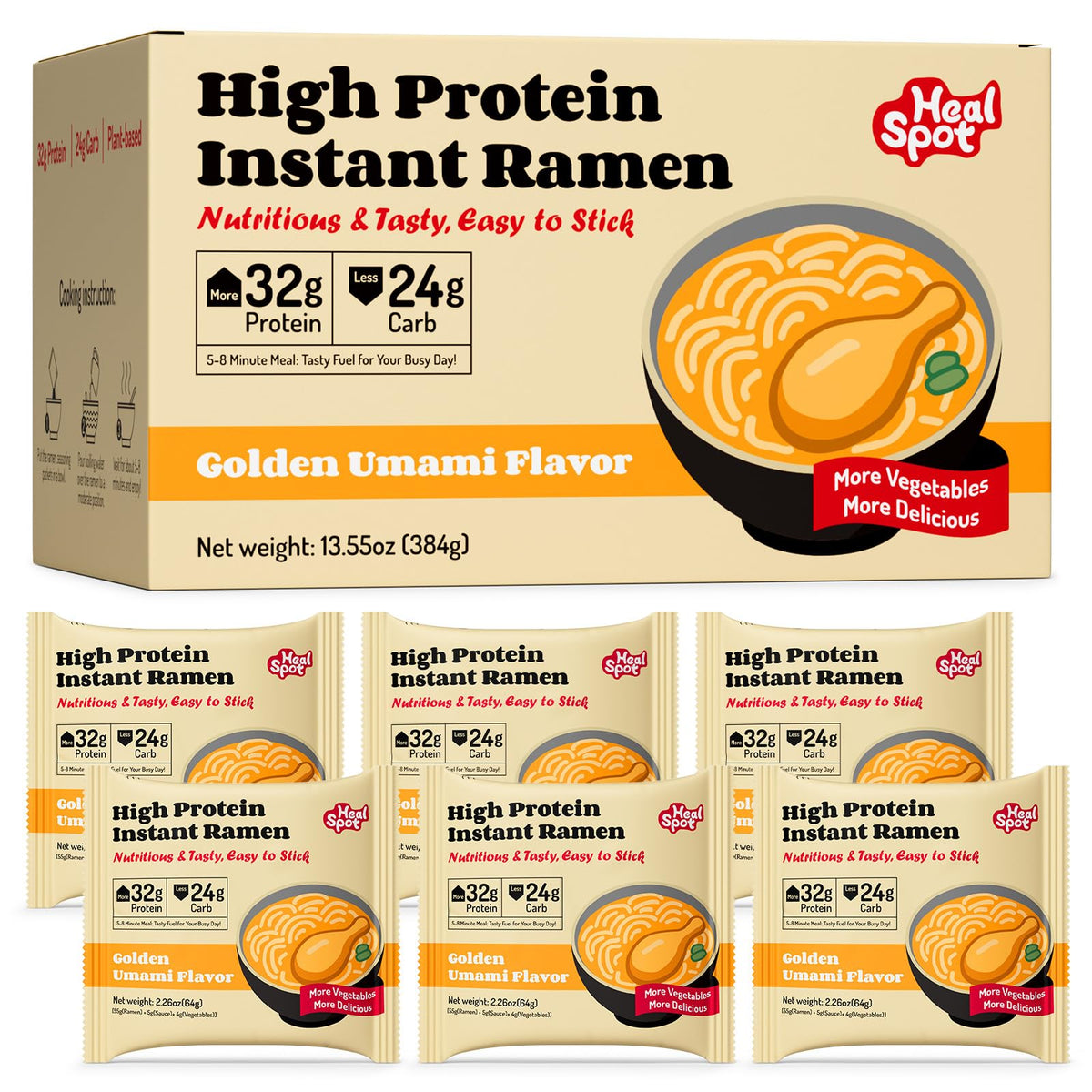 HealSpot High Protein Instant Ramen – 6 Pack, Plant-Based 32g Protein, Low Fat & Keto Friendly
