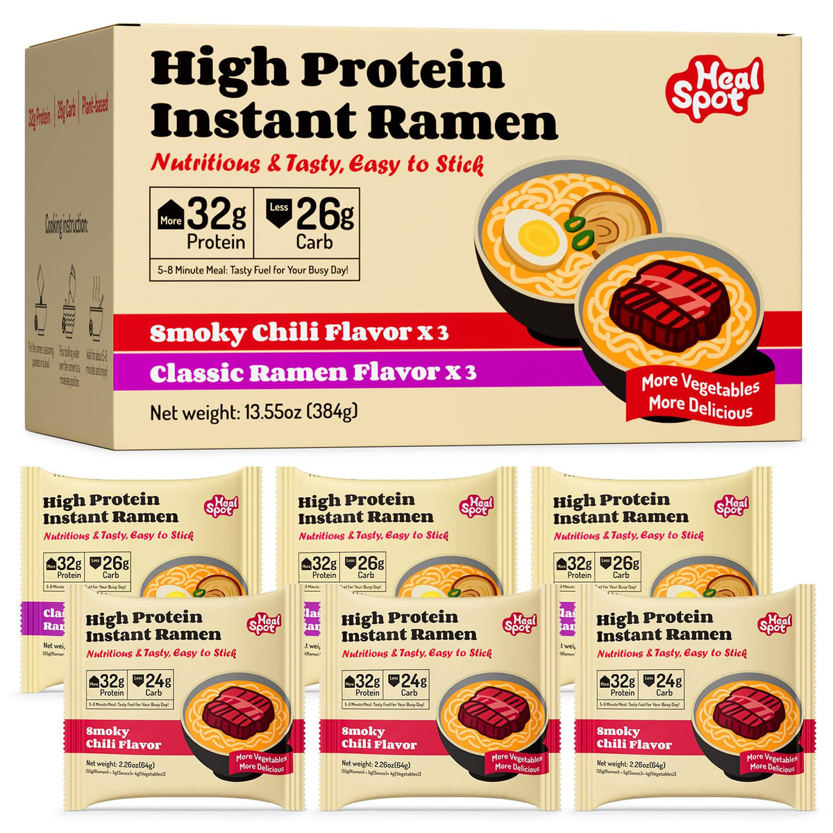 HealSpot High Protein Instant Ramen Variety Pack – 32g Plant-Based Protein, Low Fat & Low Carb (6-Pack) – Smoky-Beef & Classic-Pork