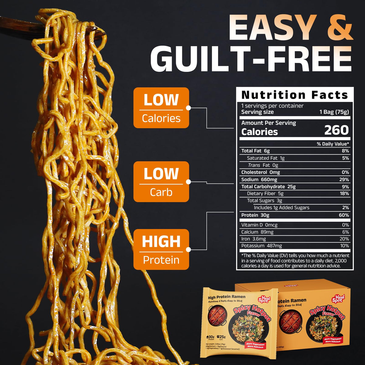 HealSpot High Protein Instant Ramen — 31g Plant-Based Protein, Low Fat, Low Carb, 6-Pack Hot Pot Flavor