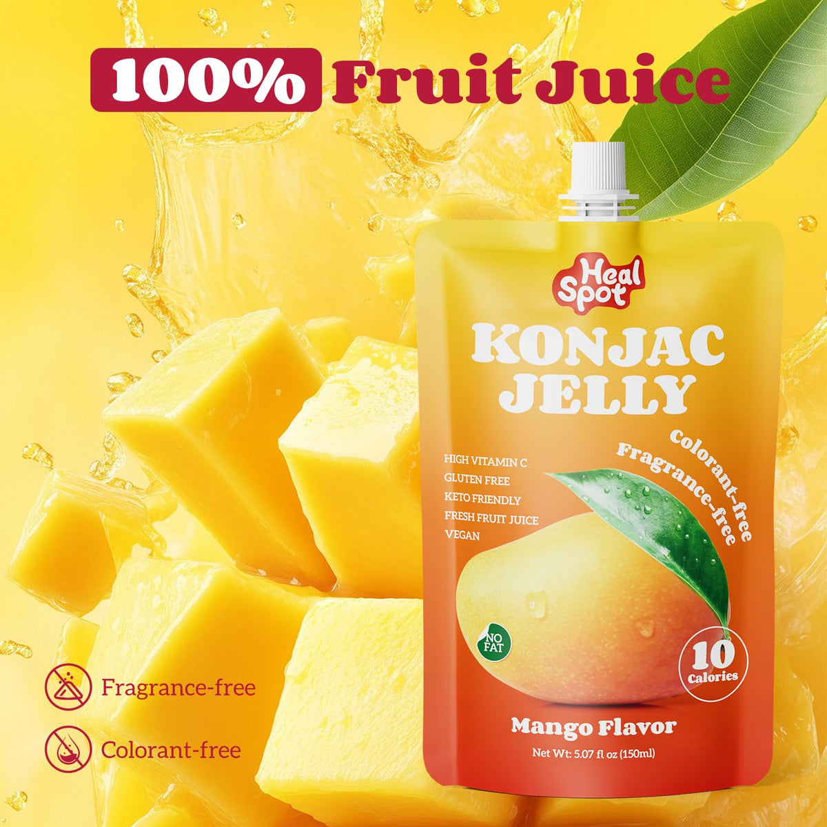 Healspot Real Fruit Juice Konjac Jelly with Collagen Peptides & Vitamin C – Mango, 10 Pouches | Gluten Free, Keto Friendly