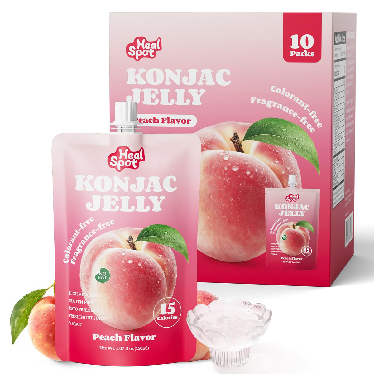 Healspot Real Fruit Juice Konjac Jelly with Collagen Peptides & Vitamin C — Peach Flavor, 10 Pouches, Low Calorie, Gluten Free, Keto Friendly