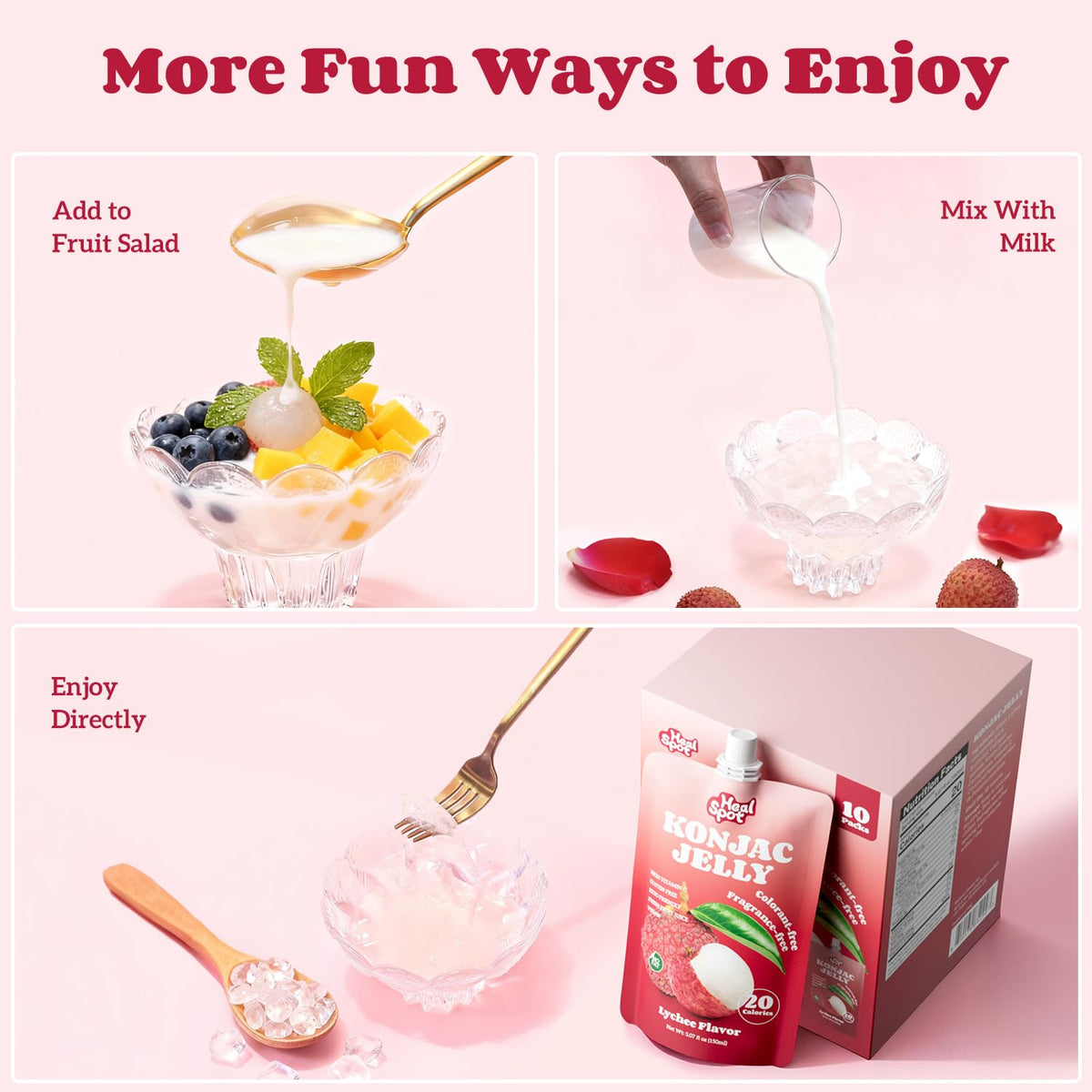 Healspot Lychee Real Fruit Juice Snacks – Konjac Jelly with Collagen Peptides & Vitamin C (10 Pouches) | Gluten Free, Keto