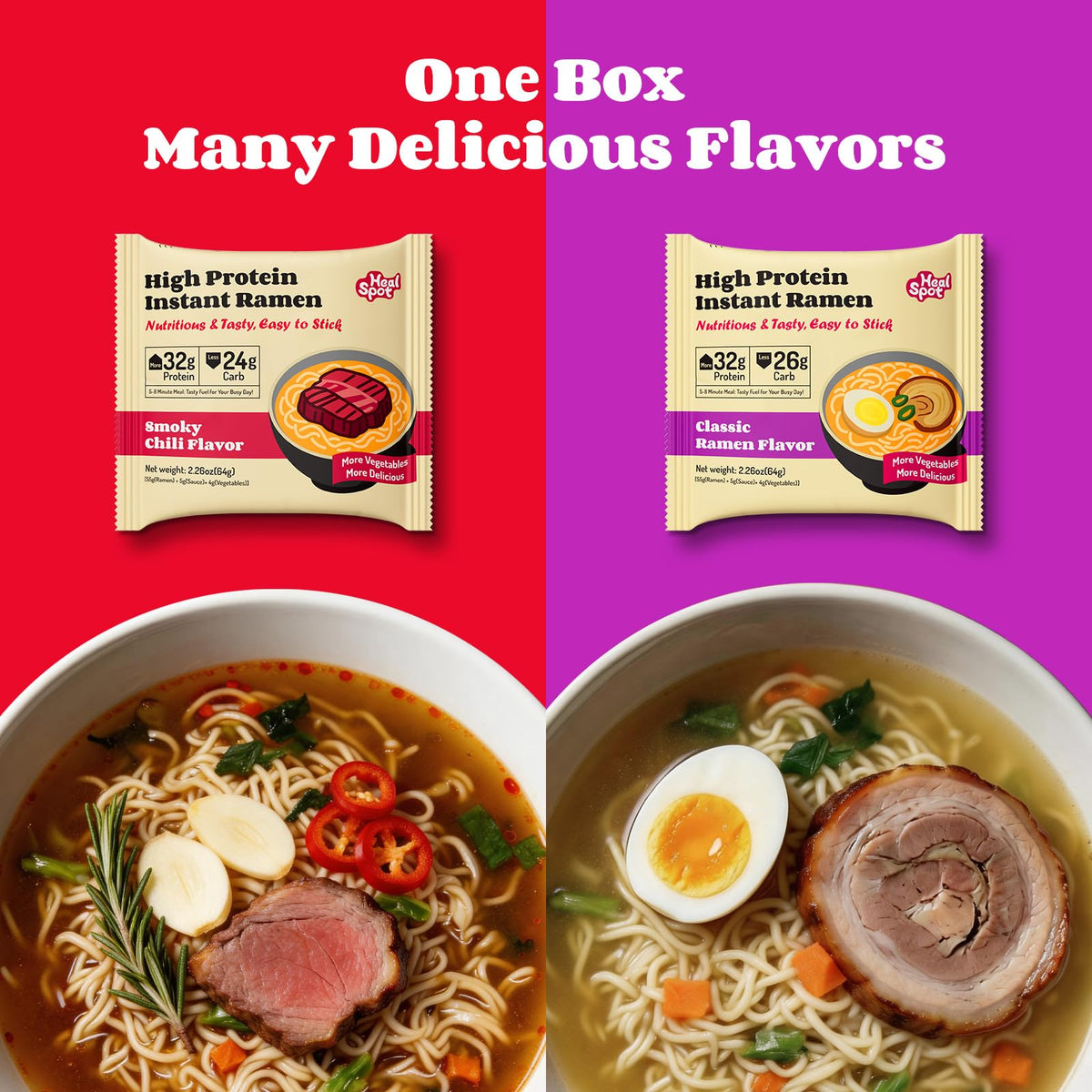 HealSpot High Protein Instant Ramen Variety Pack – 32g Plant-Based Protein, Low Fat & Low Carb (6-Pack) – Smoky-Beef & Classic-Pork