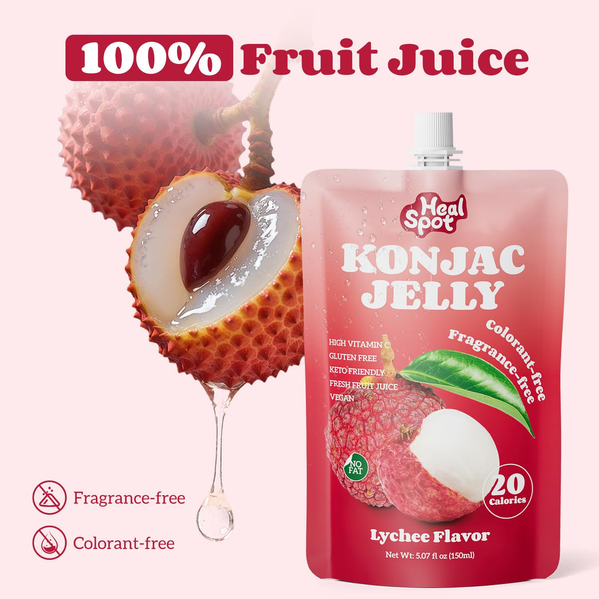 Healspot Lychee Real Fruit Juice Snacks – Konjac Jelly with Collagen Peptides & Vitamin C (10 Pouches) | Gluten Free, Keto