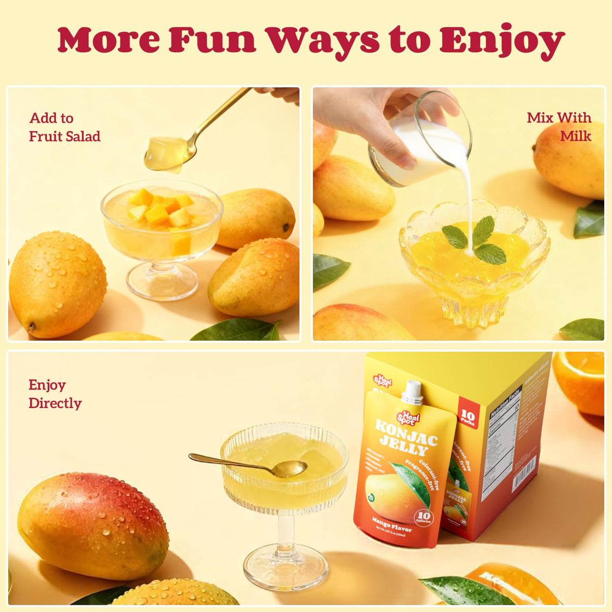 Healspot Real Fruit Juice Konjac Jelly with Collagen Peptides & Vitamin C – Mango, 10 Pouches | Gluten Free, Keto Friendly