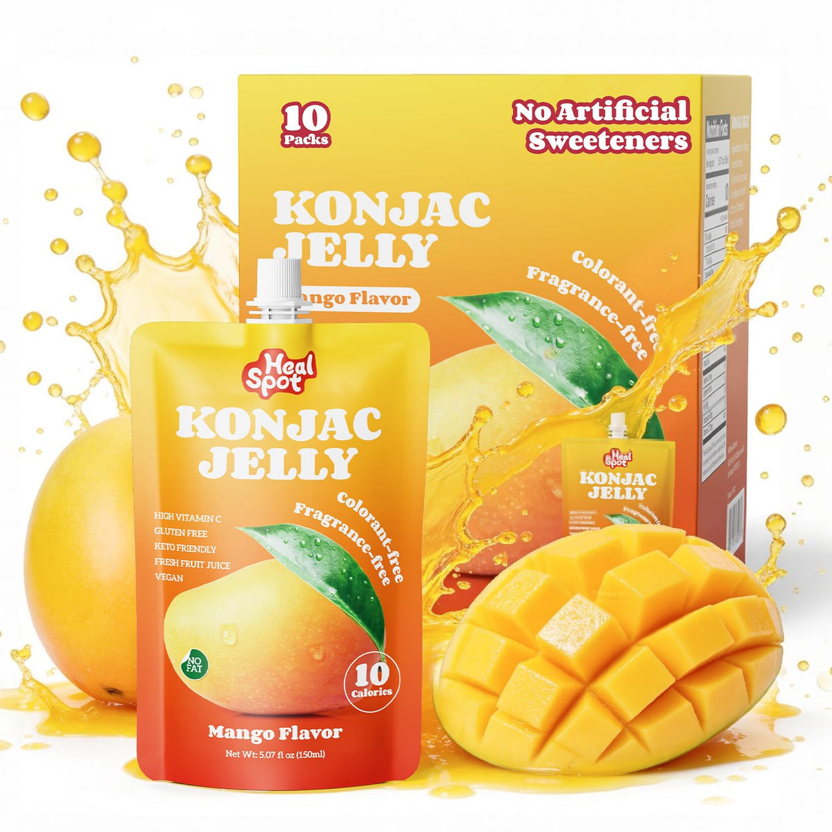 Healspot Real Fruit Juice Konjac Jelly with Collagen Peptides & Vitamin C – Mango, 10 Pouches | Gluten Free, Keto Friendly