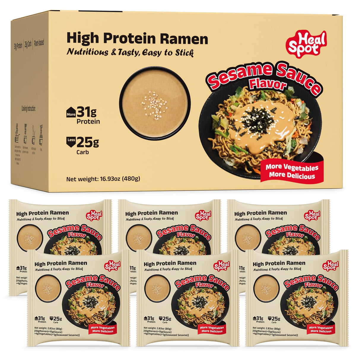 HealSpot High Protein Sesame Ramen – 30g Plant-Based Protein, Low Fat, Keto Friendly