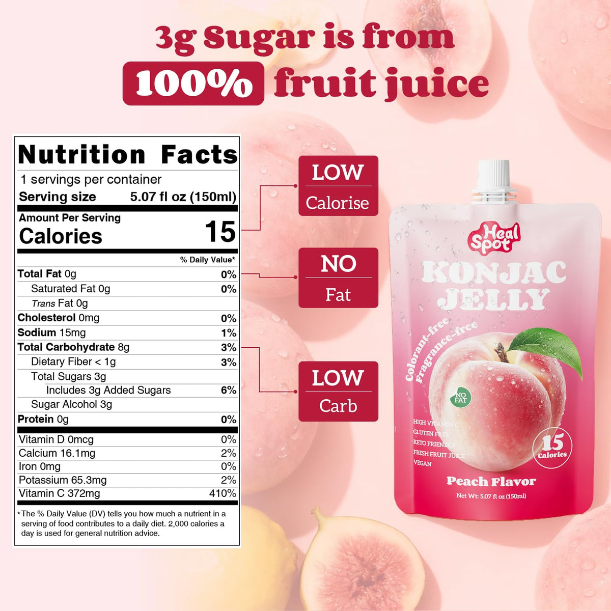 Healspot Real Fruit Juice Konjac Jelly with Collagen Peptides & Vitamin C — Peach Flavor, 10 Pouches, Low Calorie, Gluten Free, Keto Friendly