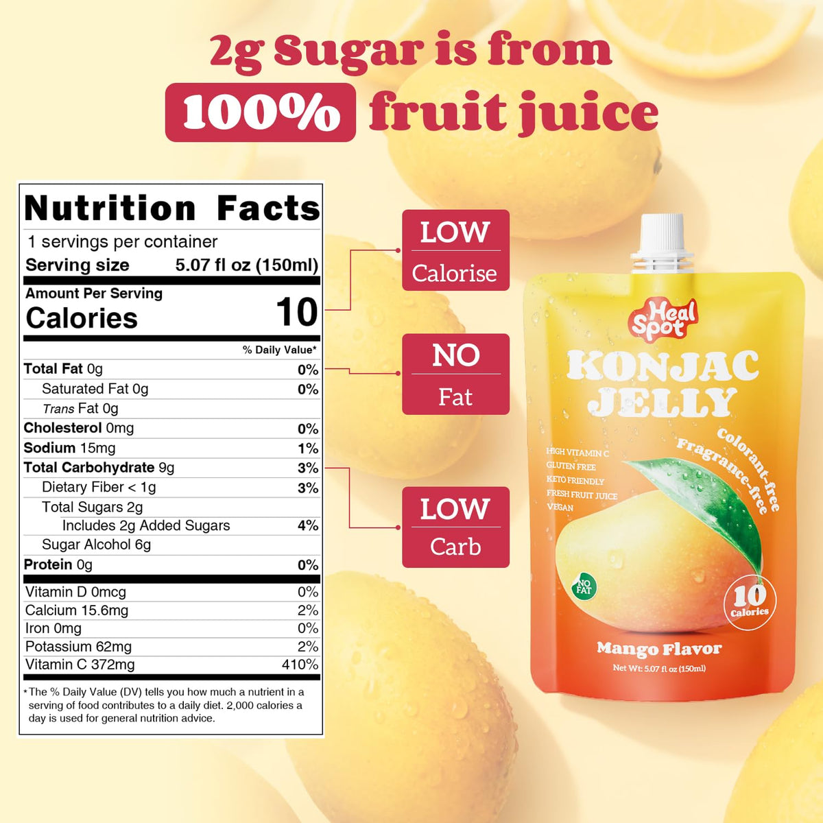 Healspot Real Fruit Juice Konjac Jelly with Collagen Peptides & Vitamin C – Mango, 10 Pouches | Gluten Free, Keto Friendly