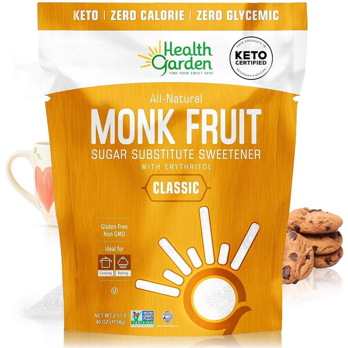 Health Garden Monk Fruit Sweetener 40oz – 1:1 Sugar Substitute, Keto, Zero Calorie