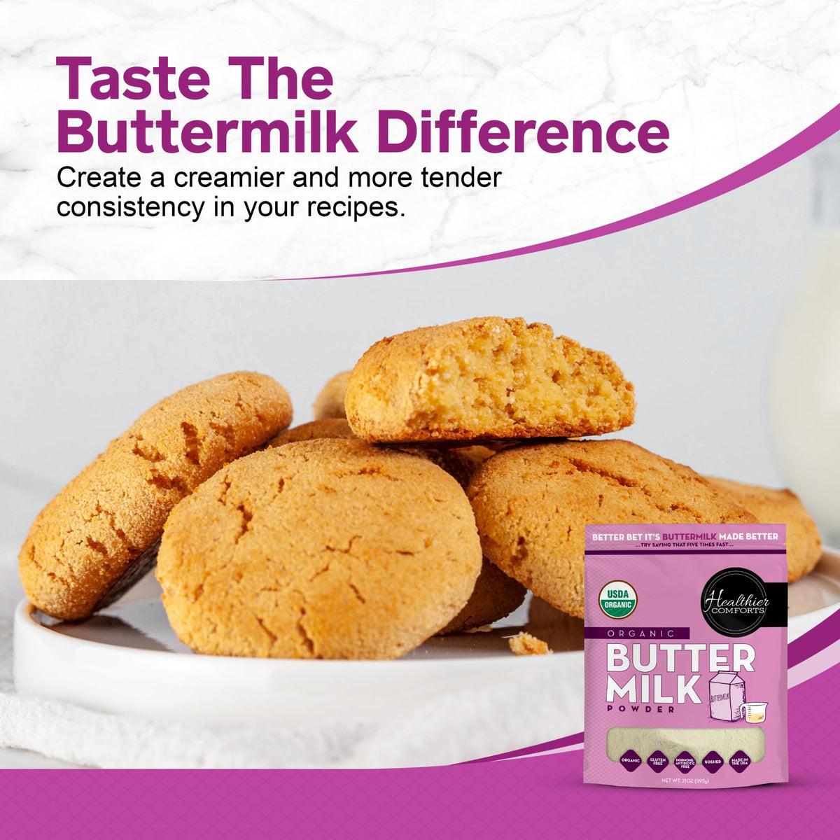 Healthier Comforts Organic Buttermilk Powder | USDA Organic, Kosher, Gluten Free, Non-GMO | 21oz