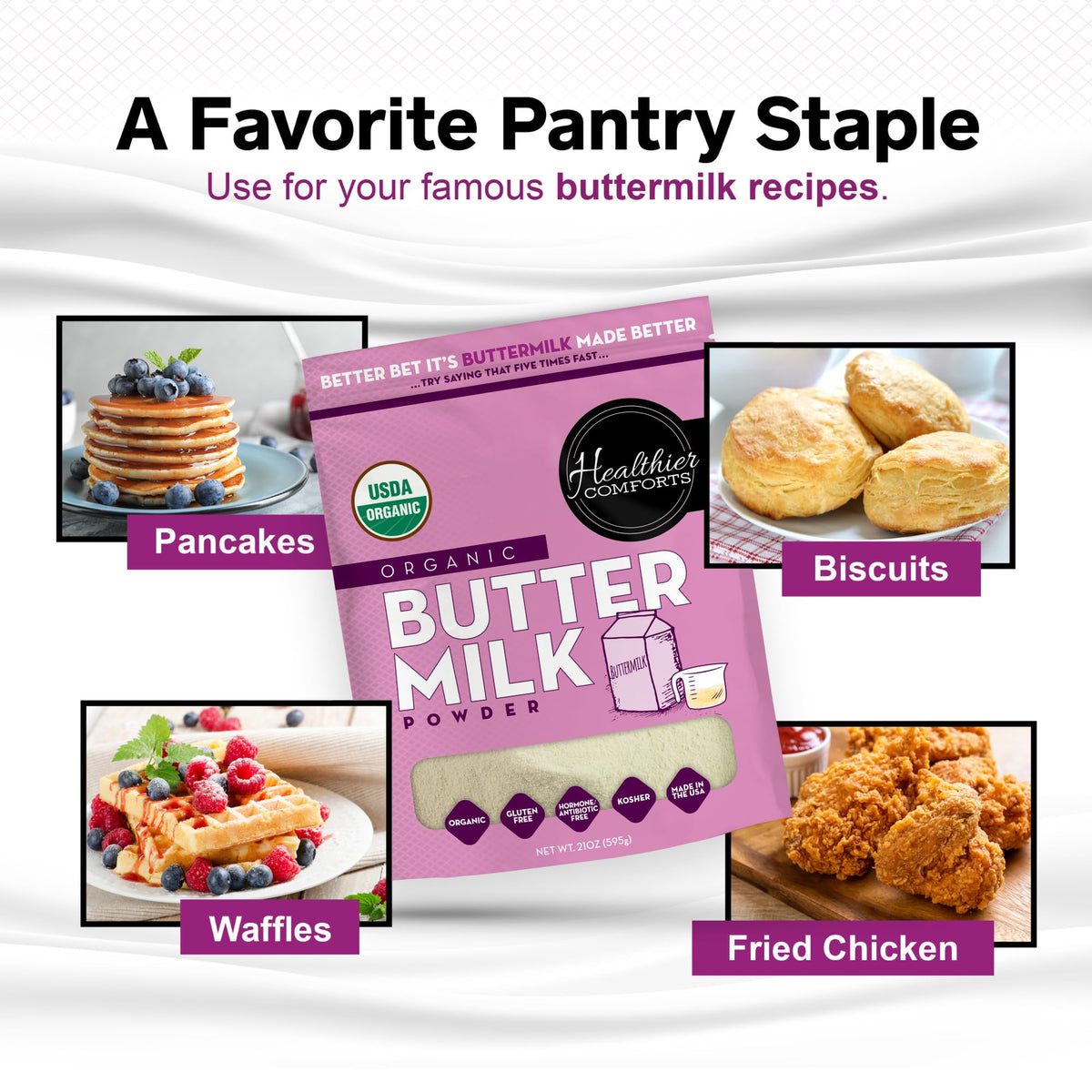 Healthier Comforts Organic Buttermilk Powder | USDA Organic, Kosher, Gluten Free, Non-GMO | 21oz