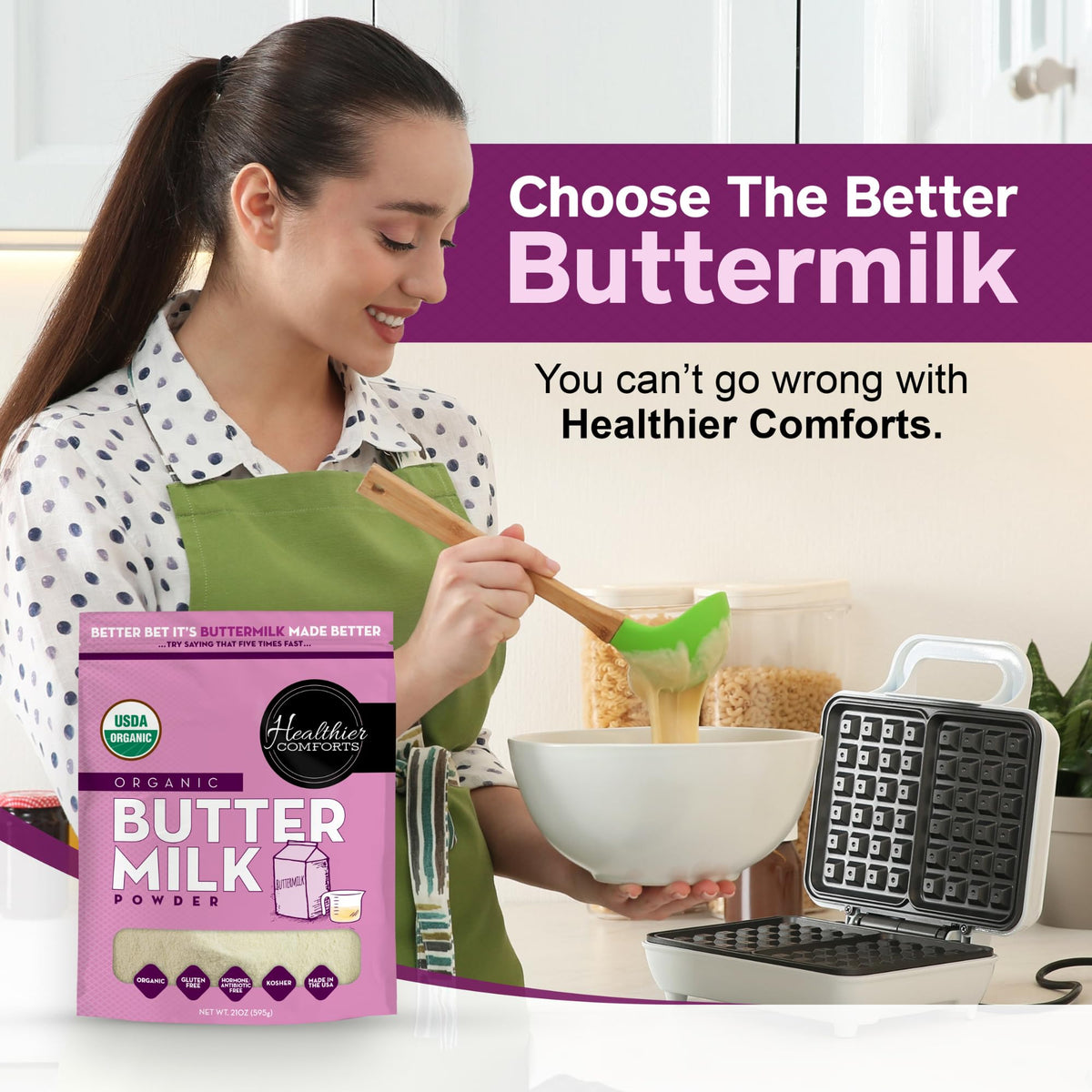Healthier Comforts Organic Buttermilk Powder | USDA Organic, Kosher, Gluten Free, Non-GMO | 21oz