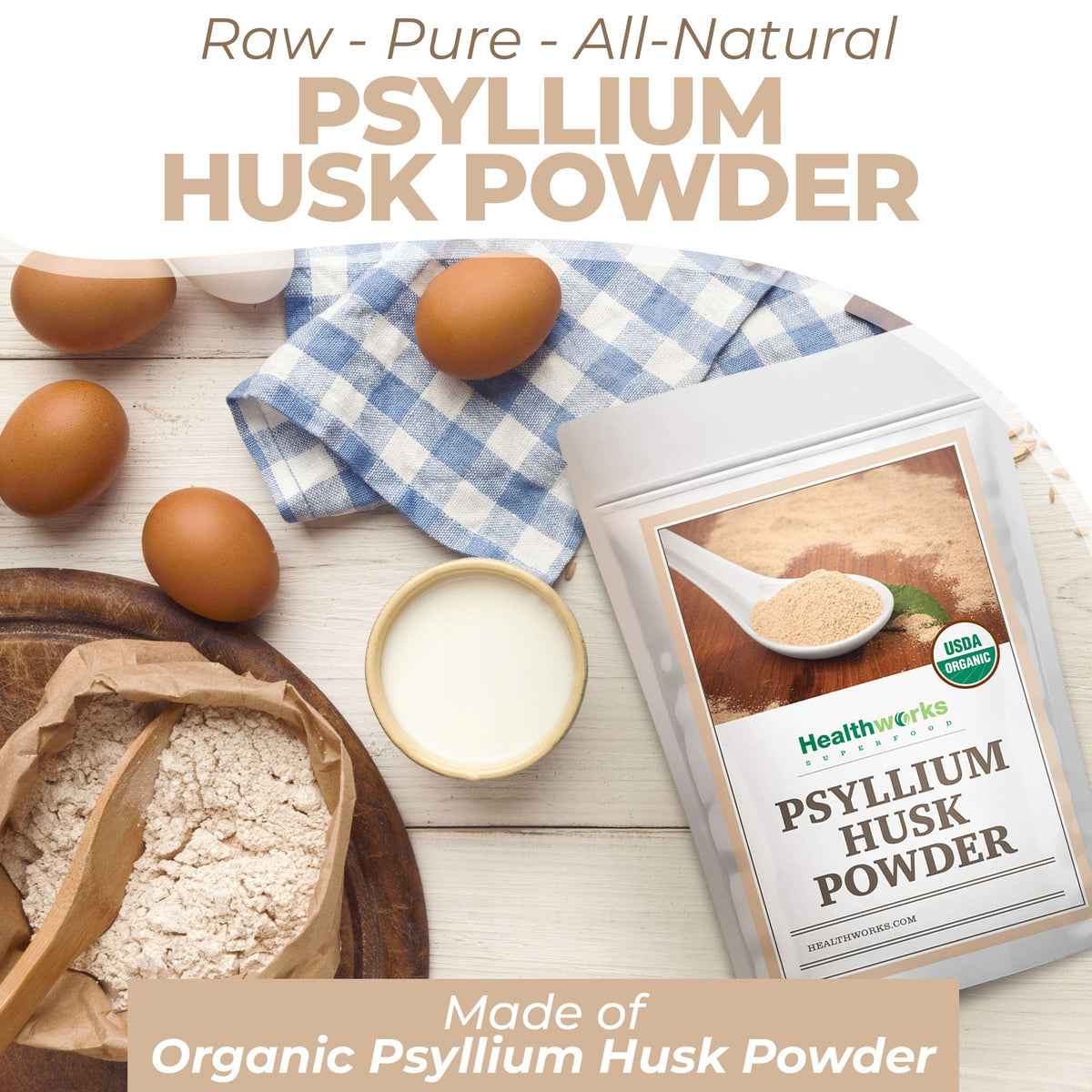 Healthworks Organic Psyllium Husk Powder – 32 Oz / 2 Lbs | Finely Ground, Raw, Certified Organic, Gluten-Free, Vegan, Non-GMO