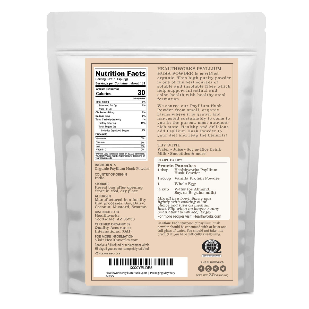 Healthworks Organic Psyllium Husk Powder – 32 Oz / 2 Lbs | Finely Ground, Raw, Certified Organic, Gluten-Free, Vegan, Non-GMO