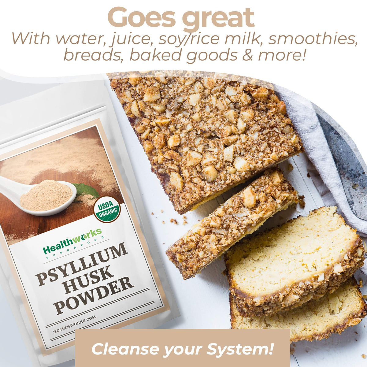 Healthworks Organic Psyllium Husk Powder – 32 Oz / 2 Lbs | Finely Ground, Raw, Certified Organic, Gluten-Free, Vegan, Non-GMO