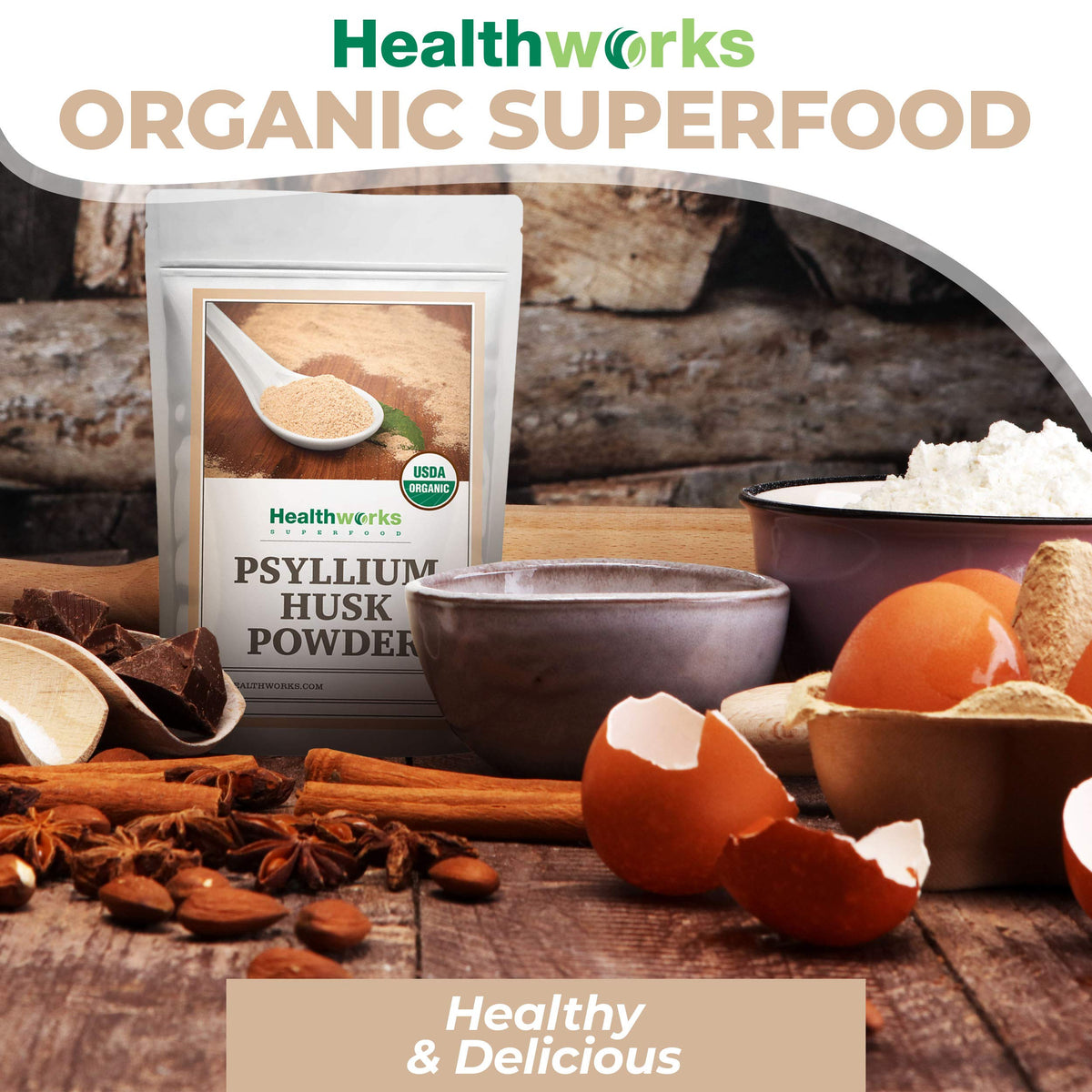 Healthworks Organic Psyllium Husk Powder – 32 Oz / 2 Lbs | Finely Ground, Raw, Certified Organic, Gluten-Free, Vegan, Non-GMO