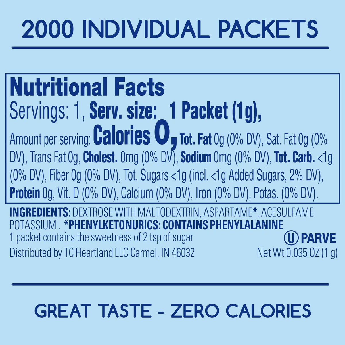 HEARTLAND Complements Zero Calorie Blue Sweetener Packets – 2000 Count