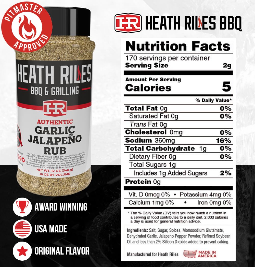 Heath Riles BBQ Rub – Garlic Jalapeño Seasoning | Champion Pitmaster Recipe, 2 lb