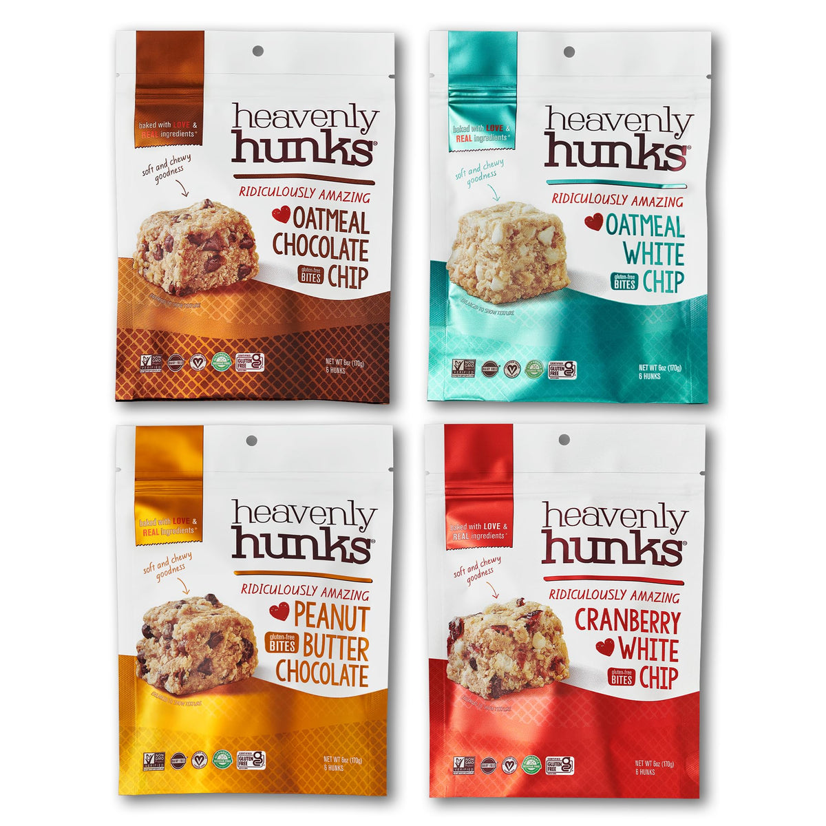 Heavenly Hunks Variety Pack 4 x 6oz Bags – Oatmeal Chocolate Chip, Oatmeal White Chip, Peanut Butter Chocolate & Cranberry White Chip