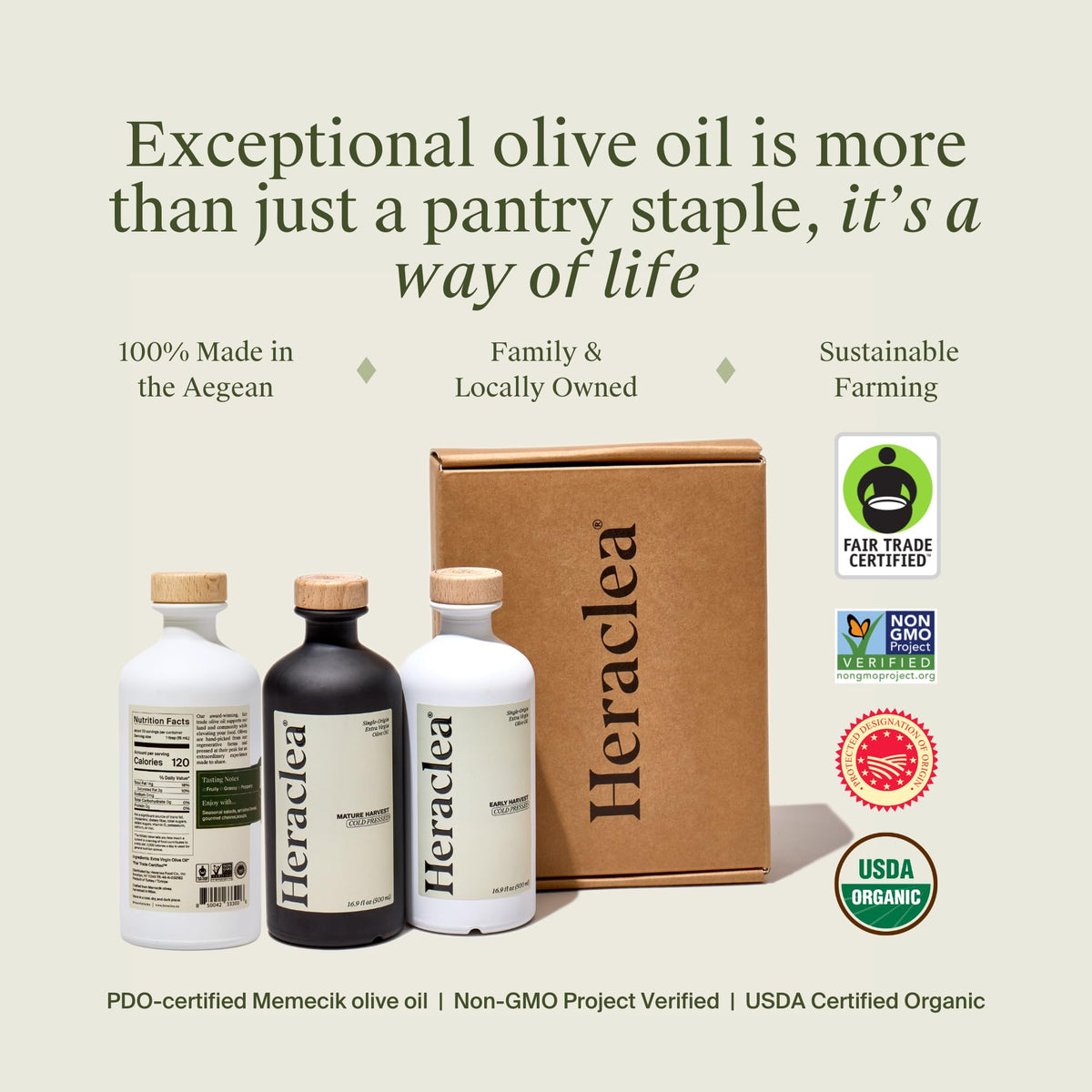 Heraclea Early Harvest Extra Virgin Olive Oil – Organic, Cold-Pressed EVOO | 16.9oz Bottle