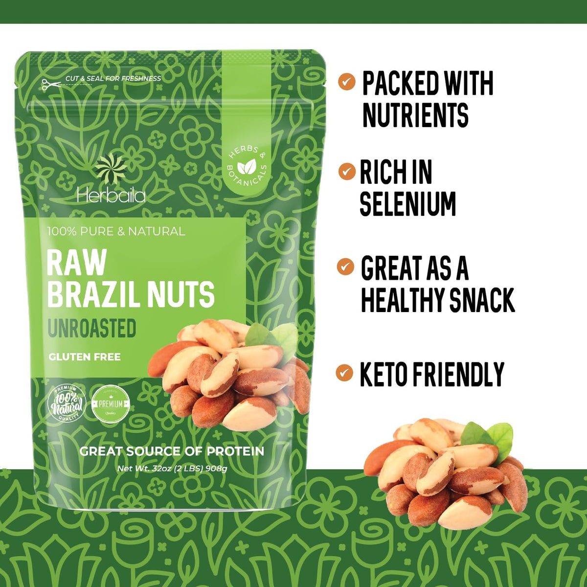 Herbaila Brazil Nuts Raw 2 lb – Shelled & Whole, Unsalted, Non-GMO