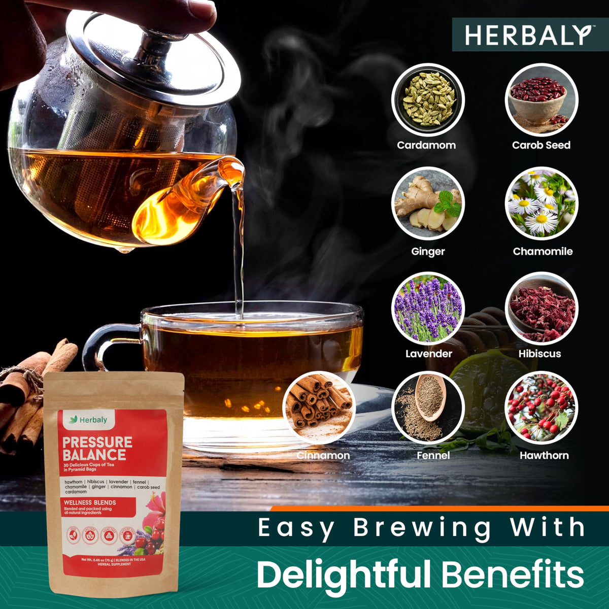 Herbaly Heart Functional Tea – 9 Superherbs, Organic & Caffeine-Free | 30 Pyramid Bags